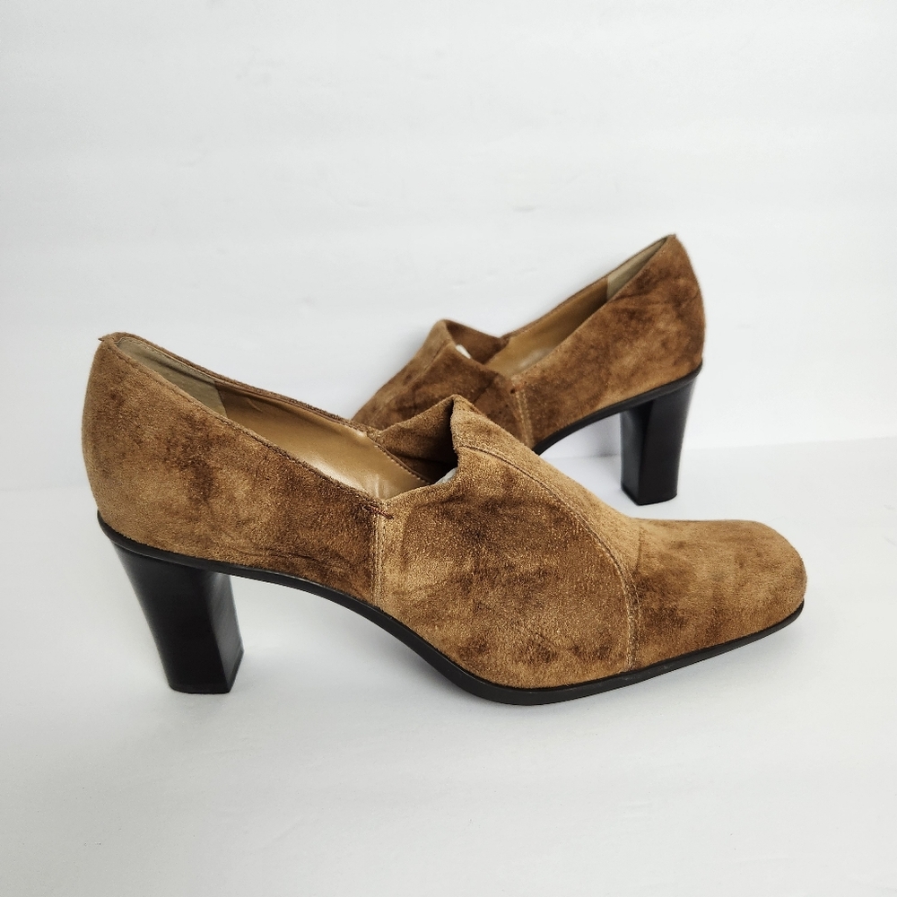 Franco Sarto Womens Size 10 Saddle Brown Suede Leather Block Heel Slip On Shoes